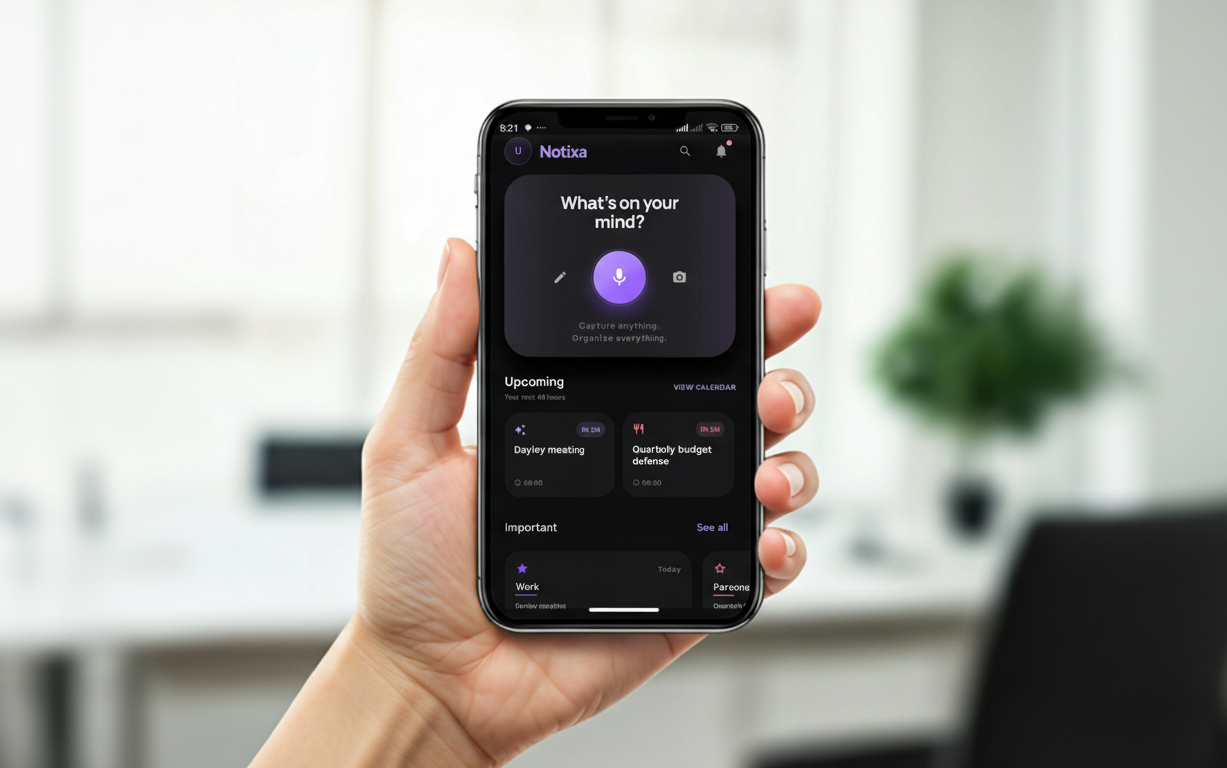 Notixa app workspace showing financial notes and meeting management